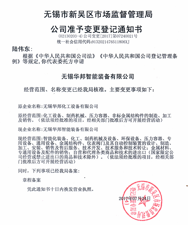 無錫華邦化工設(shè)備有限公司變更通知！